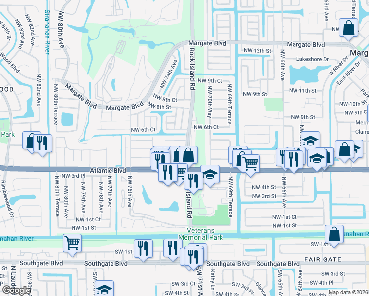 map of restaurants, bars, coffee shops, grocery stores, and more near 510 North Rock Island Road in Margate