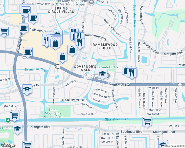 map of restaurants, bars, coffee shops, grocery stores, and more near in Coral Springs