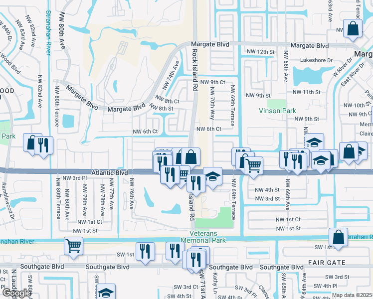 map of restaurants, bars, coffee shops, grocery stores, and more near 510 North Rock Island Road in Margate