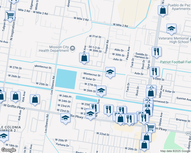 map of restaurants, bars, coffee shops, grocery stores, and more near 805 West Solar Drive in Mission