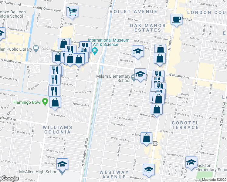 map of restaurants, bars, coffee shops, grocery stores, and more near 3648 North 16th Street in McAllen
