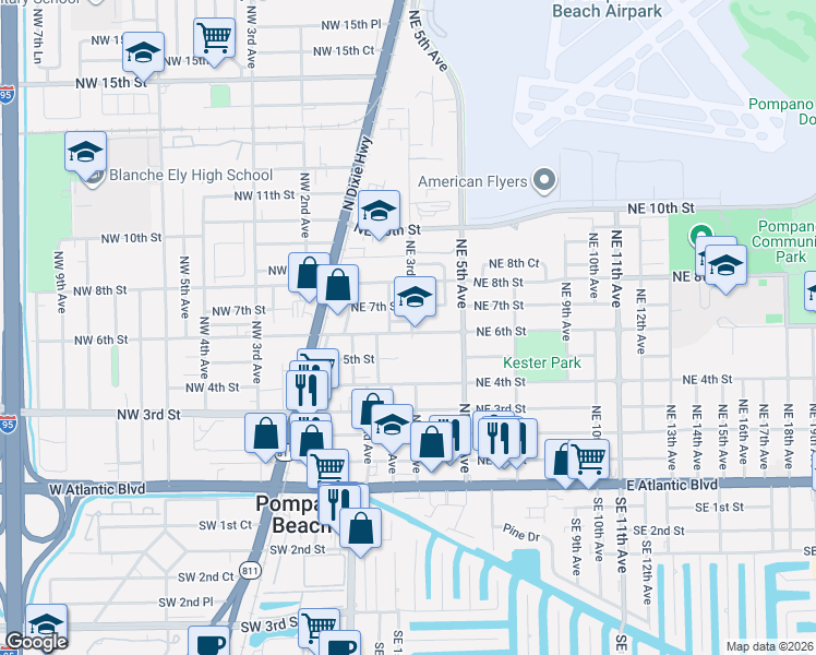map of restaurants, bars, coffee shops, grocery stores, and more near 235 Northeast 6th Street in Pompano Beach