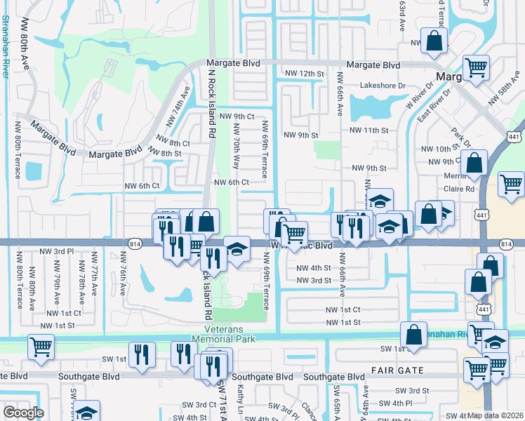 map of restaurants, bars, coffee shops, grocery stores, and more near 6933 Northwest 4th Place in Margate