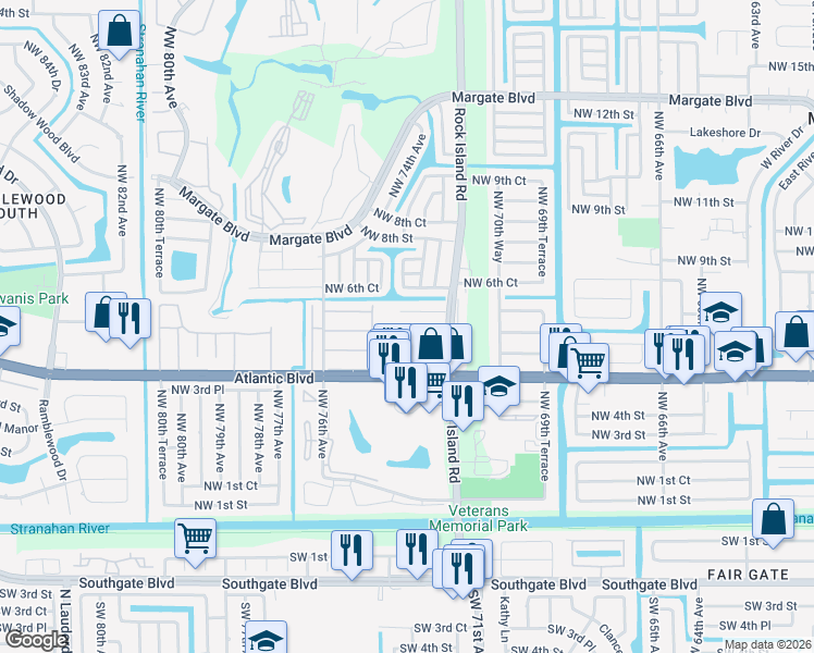 map of restaurants, bars, coffee shops, grocery stores, and more near 21 Northwest 4th Place in Margate