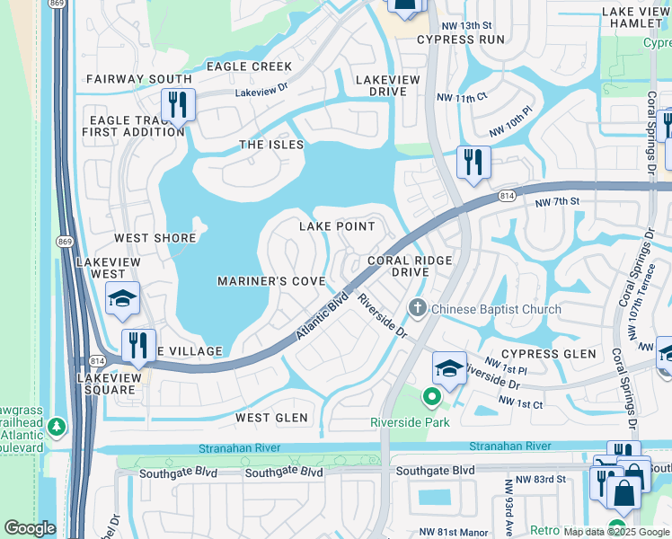 map of restaurants, bars, coffee shops, grocery stores, and more near 305 Northwest 118th Avenue in Coral Springs