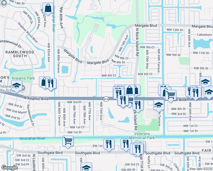 map of restaurants, bars, coffee shops, grocery stores, and more near 7605 Northwest 4th Place in Margate