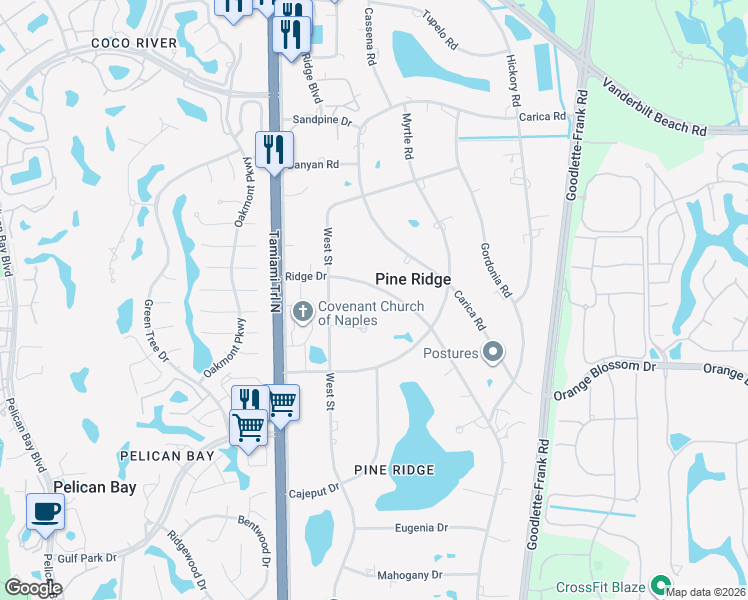 map of restaurants, bars, coffee shops, grocery stores, and more near 550 West Place in Naples