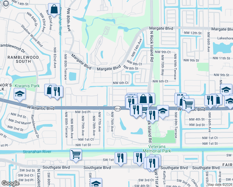 map of restaurants, bars, coffee shops, grocery stores, and more near 7605 Northwest 4th Place in Margate