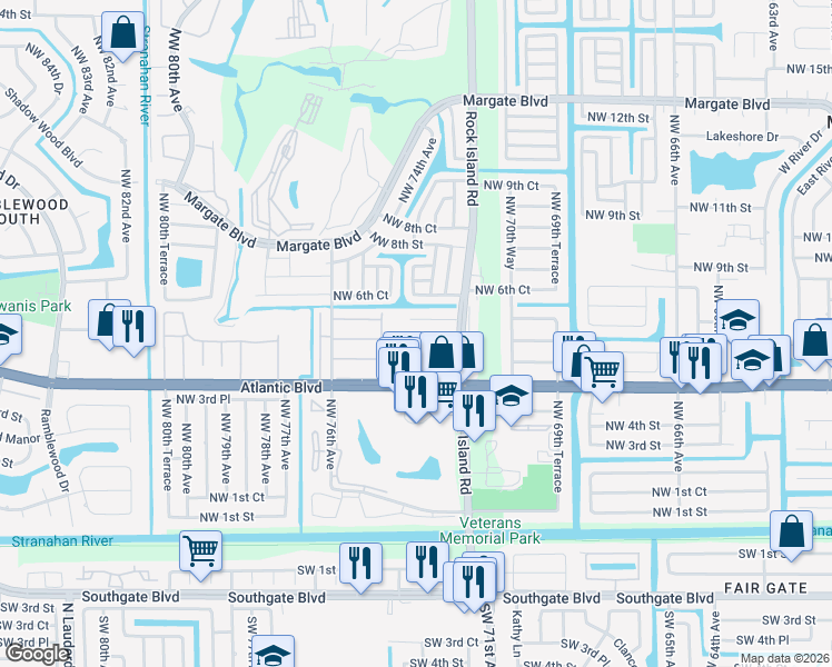 map of restaurants, bars, coffee shops, grocery stores, and more near 21 Northwest 4th Place in Margate