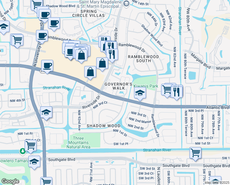 map of restaurants, bars, coffee shops, grocery stores, and more near 416 Northwest 87th Lane in Coral Springs