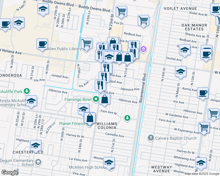 map of restaurants, bars, coffee shops, grocery stores, and more near 2137 Japonica Avenue in McAllen