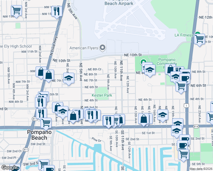 map of restaurants, bars, coffee shops, grocery stores, and more near 737 Northeast 6th Street in Pompano Beach