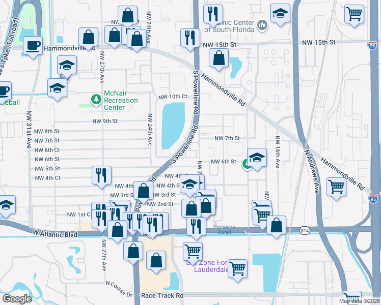 map of restaurants, bars, coffee shops, grocery stores, and more near 669 Northwest 21st Avenue in Pompano Beach