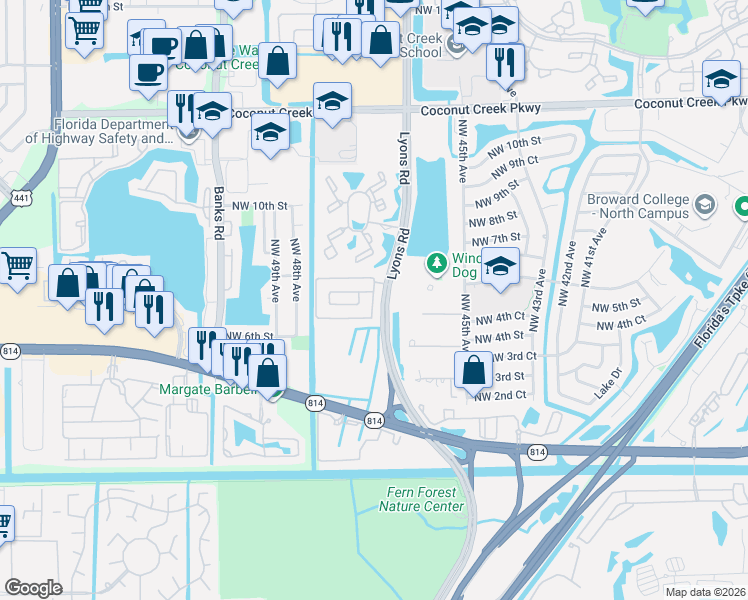 map of restaurants, bars, coffee shops, grocery stores, and more near 4736 Northwest 7th Manor in Coconut Creek
