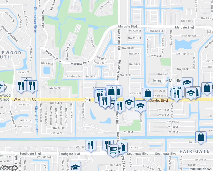map of restaurants, bars, coffee shops, grocery stores, and more near 7305 Northwest 5th Place in Margate