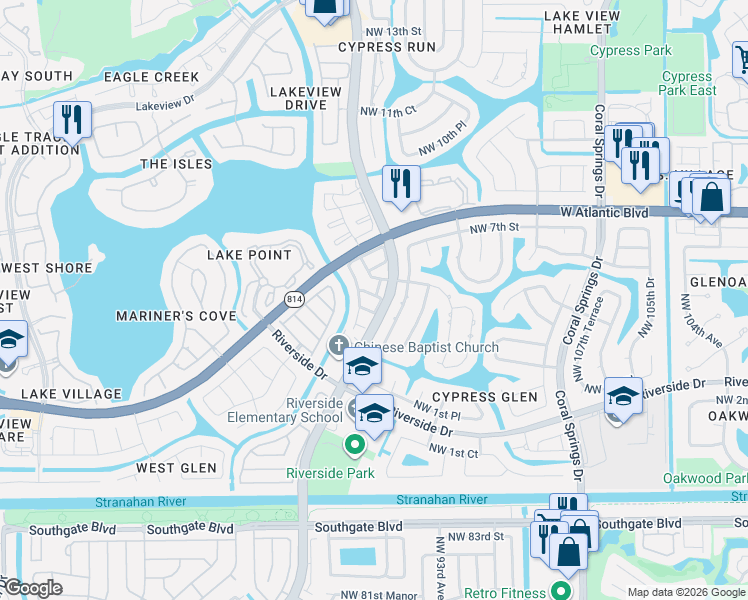map of restaurants, bars, coffee shops, grocery stores, and more near 11516 Northwest 5th Street in Coral Springs