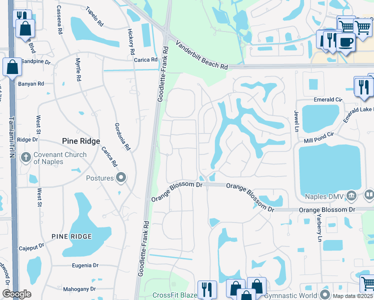 map of restaurants, bars, coffee shops, grocery stores, and more near 6894 Rain Lily Road in Naples