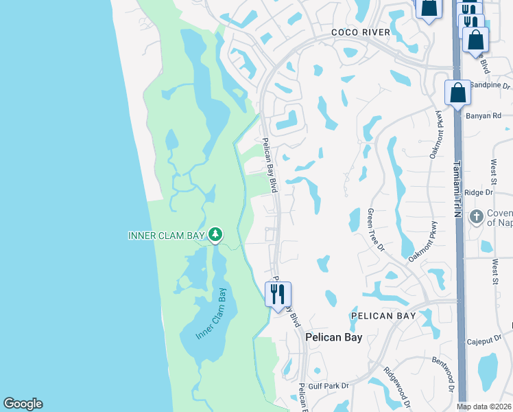 map of restaurants, bars, coffee shops, grocery stores, and more near 7277 Pelican Bay Boulevard in Naples