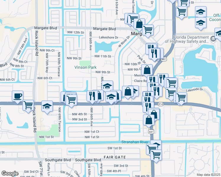 map of restaurants, bars, coffee shops, grocery stores, and more near 500 Northwest 65th Avenue in Margate