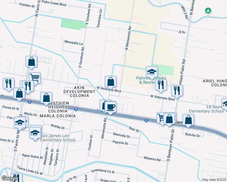 map of restaurants, bars, coffee shops, grocery stores, and more near 906 West Veterans Boulevard in Palmview