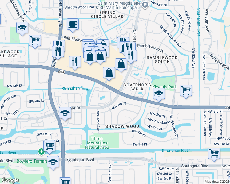 map of restaurants, bars, coffee shops, grocery stores, and more near 8921 West Atlantic Boulevard in Coral Springs