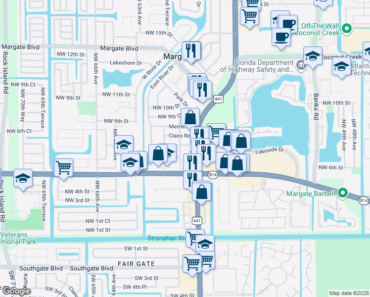 map of restaurants, bars, coffee shops, grocery stores, and more near 6101 Northwest 8th Street in Margate