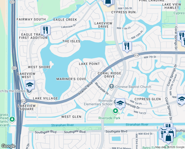 map of restaurants, bars, coffee shops, grocery stores, and more near 11677 West Atlantic Boulevard in Pompano Beach