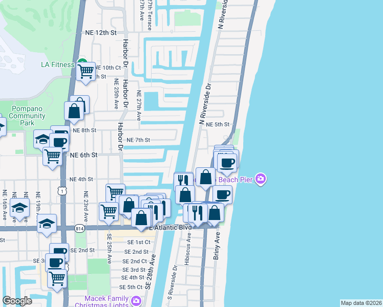 map of restaurants, bars, coffee shops, grocery stores, and more near 401 North Riverside Drive in Pompano Beach