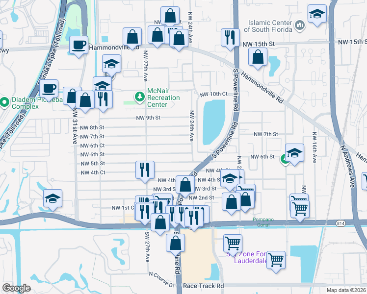 map of restaurants, bars, coffee shops, grocery stores, and more near 2402 Northwest 7th Street in Pompano Beach