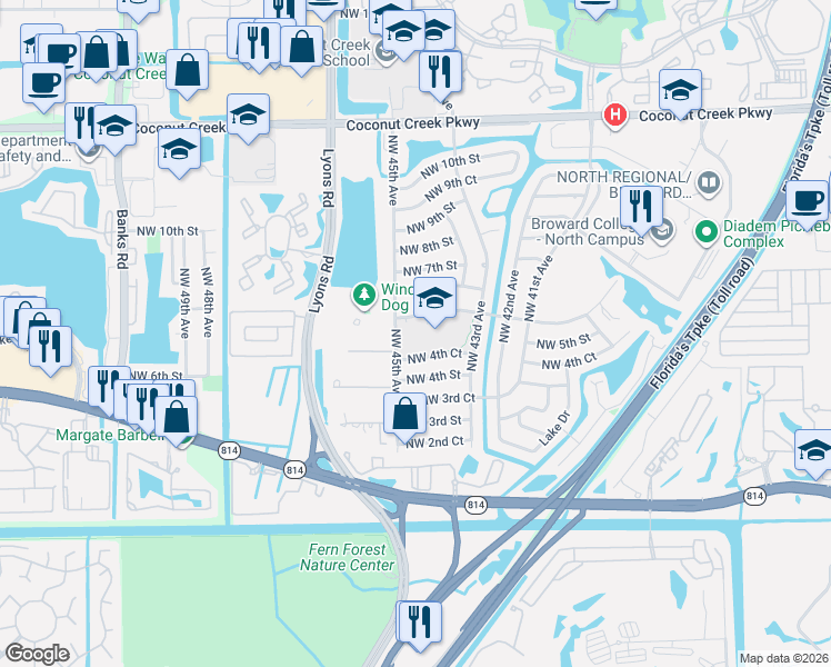 map of restaurants, bars, coffee shops, grocery stores, and more near 4441 Coconut Creek Boulevard in Coconut Creek