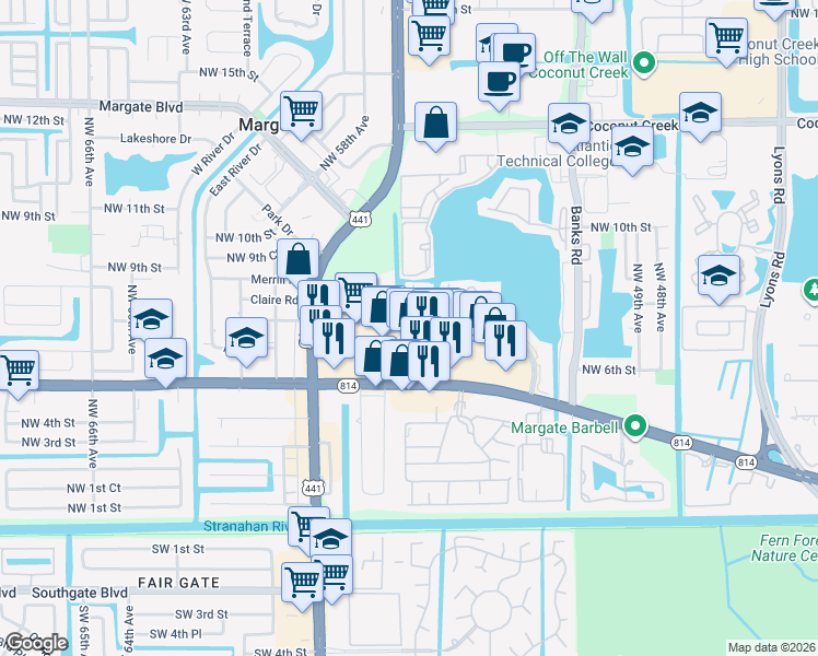map of restaurants, bars, coffee shops, grocery stores, and more near 5541 Lakeside Drive in Margate