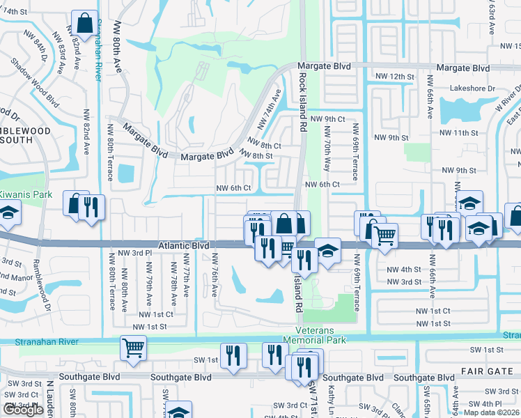 map of restaurants, bars, coffee shops, grocery stores, and more near 7400 Northwest 5th Place in Margate