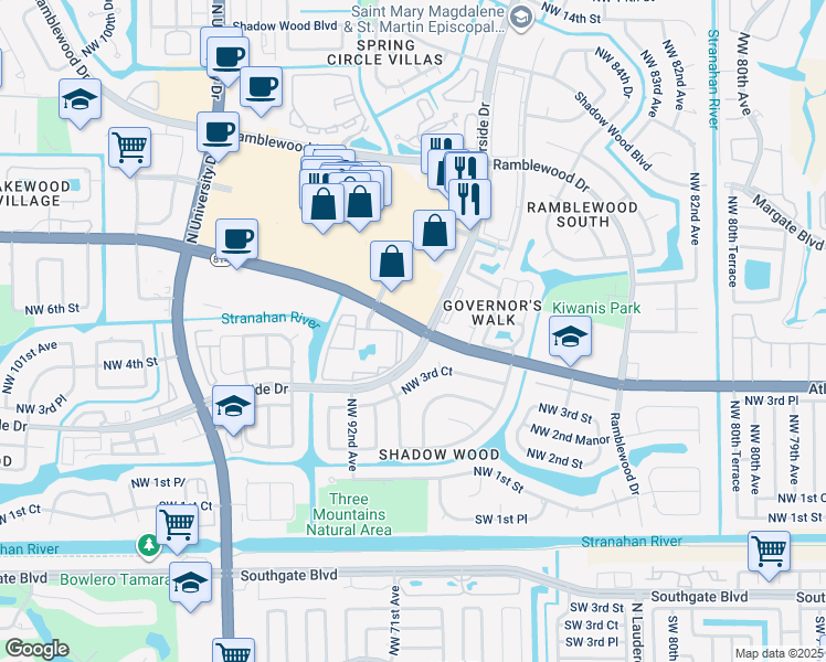 map of restaurants, bars, coffee shops, grocery stores, and more near 8921 West Atlantic Boulevard in Coral Springs