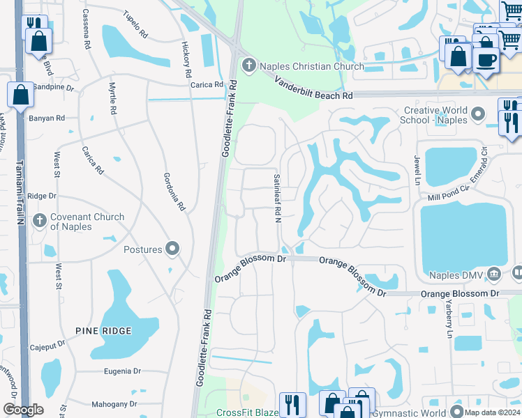 map of restaurants, bars, coffee shops, grocery stores, and more near 6894 Rain Lily Road in Naples