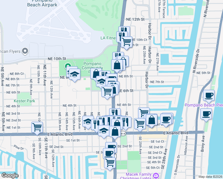 map of restaurants, bars, coffee shops, grocery stores, and more near 601 North Federal Highway in Pompano Beach