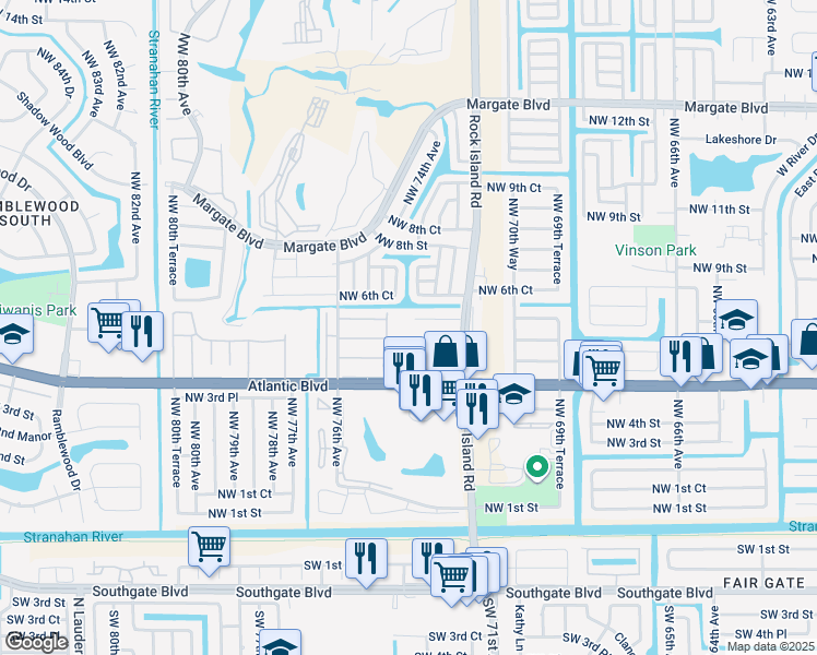 map of restaurants, bars, coffee shops, grocery stores, and more near 7400 Northwest 5th Place in Margate