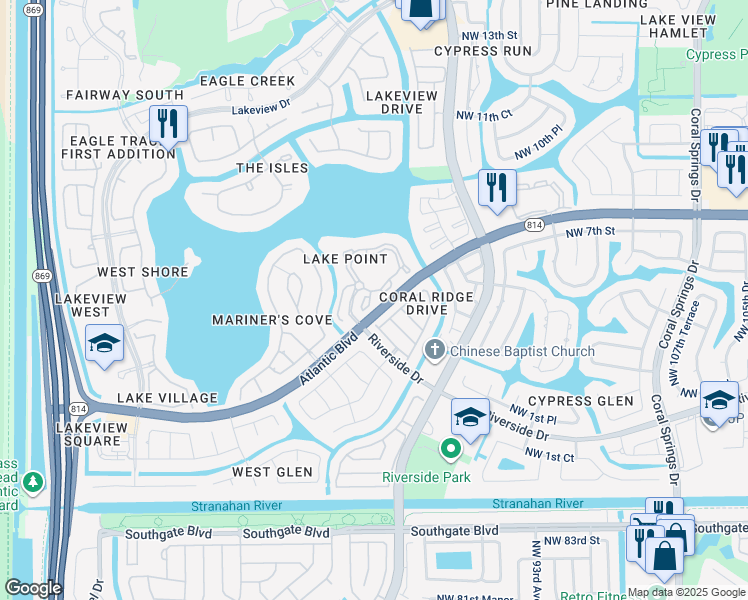 map of restaurants, bars, coffee shops, grocery stores, and more near 11677 West Atlantic Boulevard in Pompano Beach