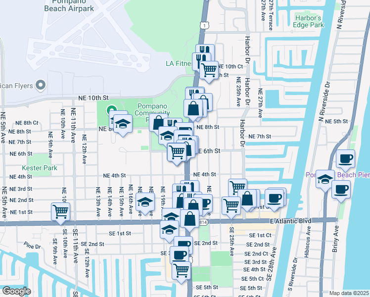map of restaurants, bars, coffee shops, grocery stores, and more near 607 North Federal Highway in Pompano Beach