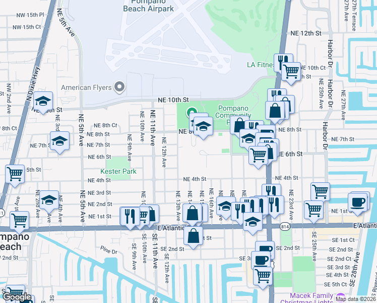 map of restaurants, bars, coffee shops, grocery stores, and more near 600 Northeast 13th Avenue in Pompano Beach