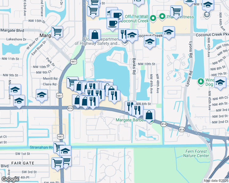 map of restaurants, bars, coffee shops, grocery stores, and more near 257 Lakeside Drive in Margate