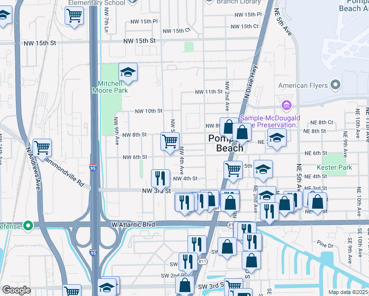 map of restaurants, bars, coffee shops, grocery stores, and more near 348 Northwest 7th Street in Pompano Beach