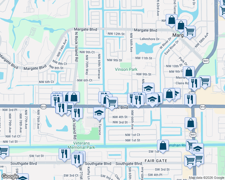 map of restaurants, bars, coffee shops, grocery stores, and more near 731 Northwest 69th Avenue in Margate