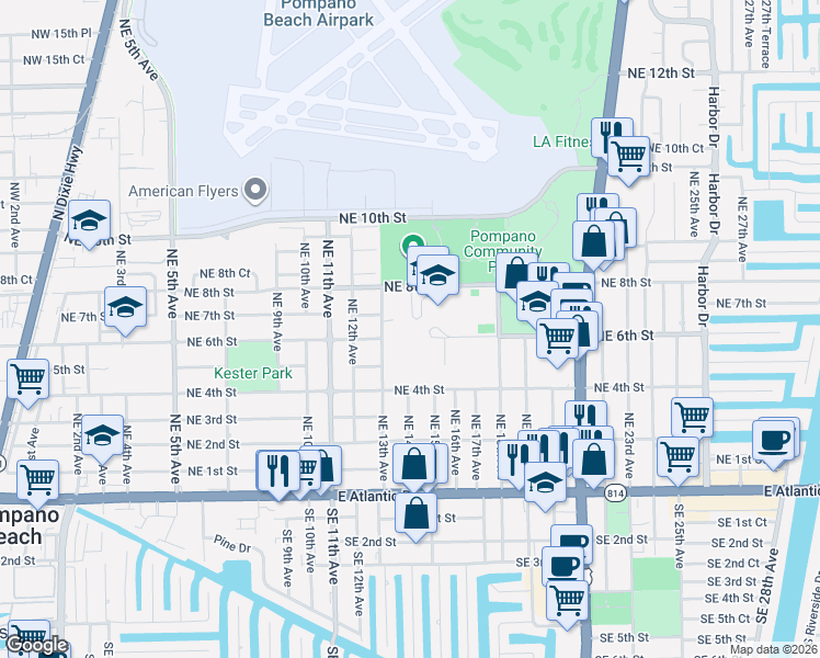 map of restaurants, bars, coffee shops, grocery stores, and more near 1400 Northeast 6th Street in Pompano Beach