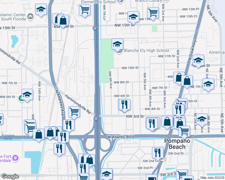 map of restaurants, bars, coffee shops, grocery stores, and more near 708 Northwest 9th Avenue in Pompano Beach