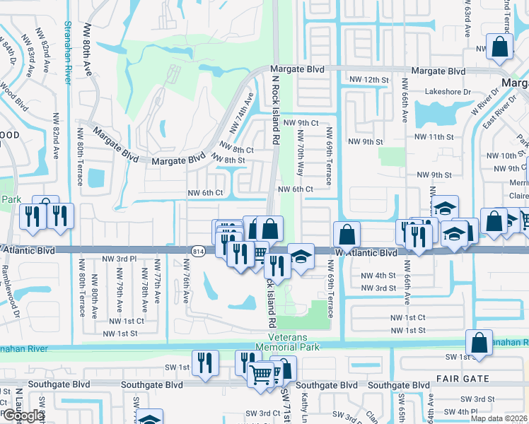 map of restaurants, bars, coffee shops, grocery stores, and more near 610 North Rock Island Road in Margate