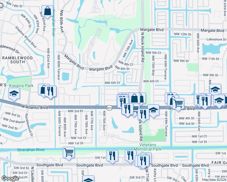 map of restaurants, bars, coffee shops, grocery stores, and more near 33 Northwest 5th Place in Margate