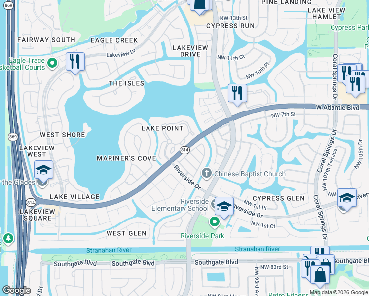 map of restaurants, bars, coffee shops, grocery stores, and more near 11637 West Atlantic Boulevard in Coral Springs