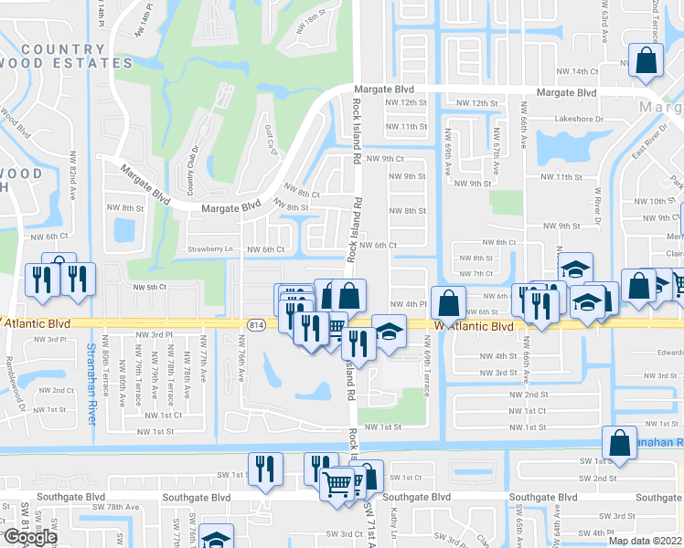map of restaurants, bars, coffee shops, grocery stores, and more near 610 North Rock Island Road in Margate