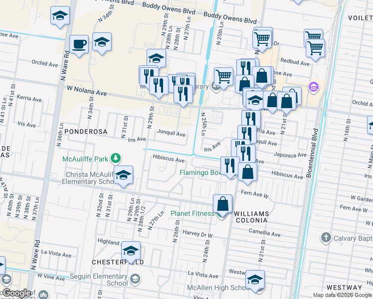 map of restaurants, bars, coffee shops, grocery stores, and more near 2708 West Iris Avenue in McAllen