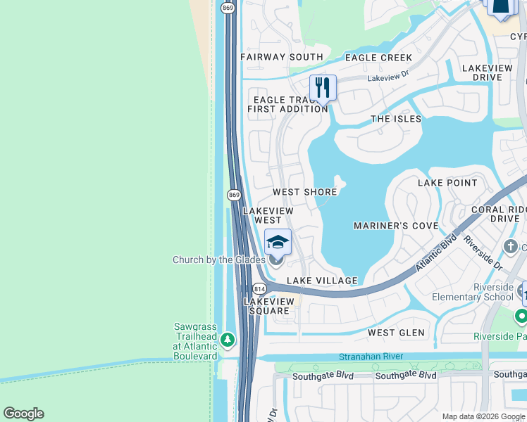 map of restaurants, bars, coffee shops, grocery stores, and more near 12634 Northwest 7th Street in Coral Springs